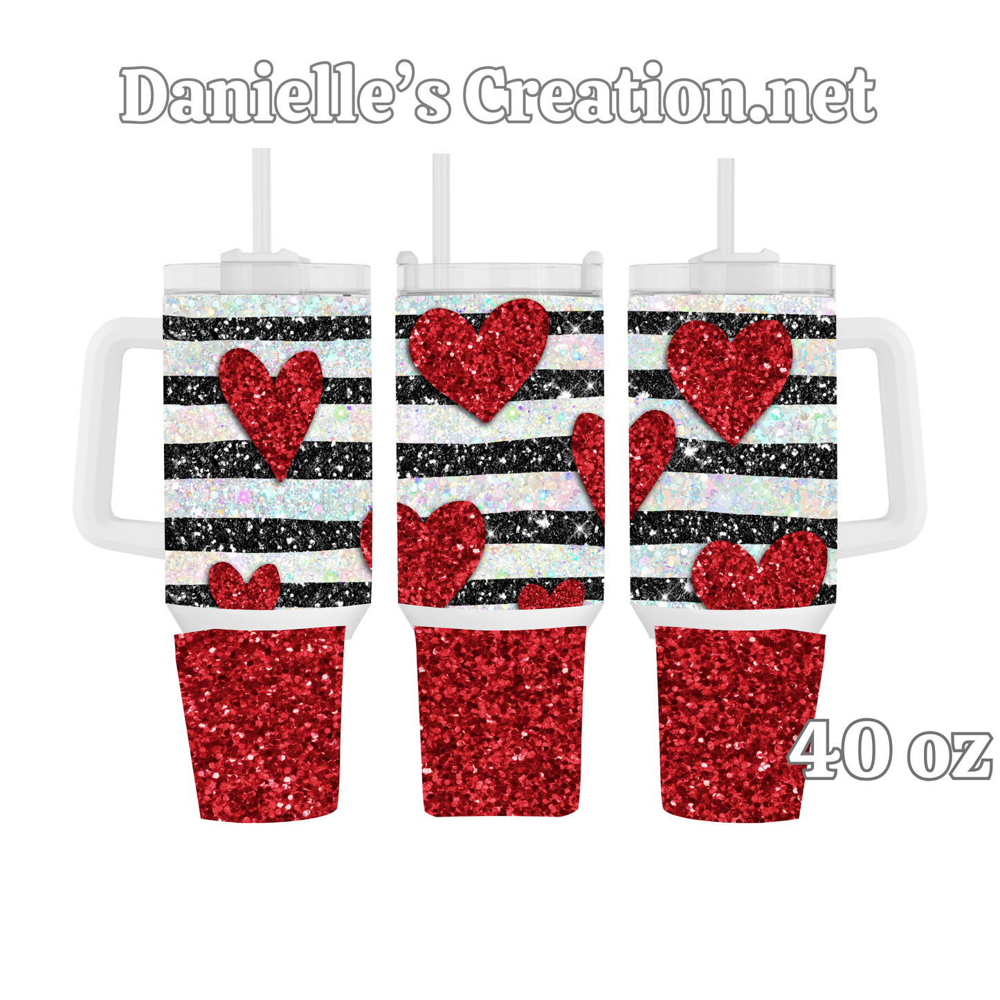 Black and White Strips Heart Valentine Classic or Glow in the Dark 40 Oz Tumblers