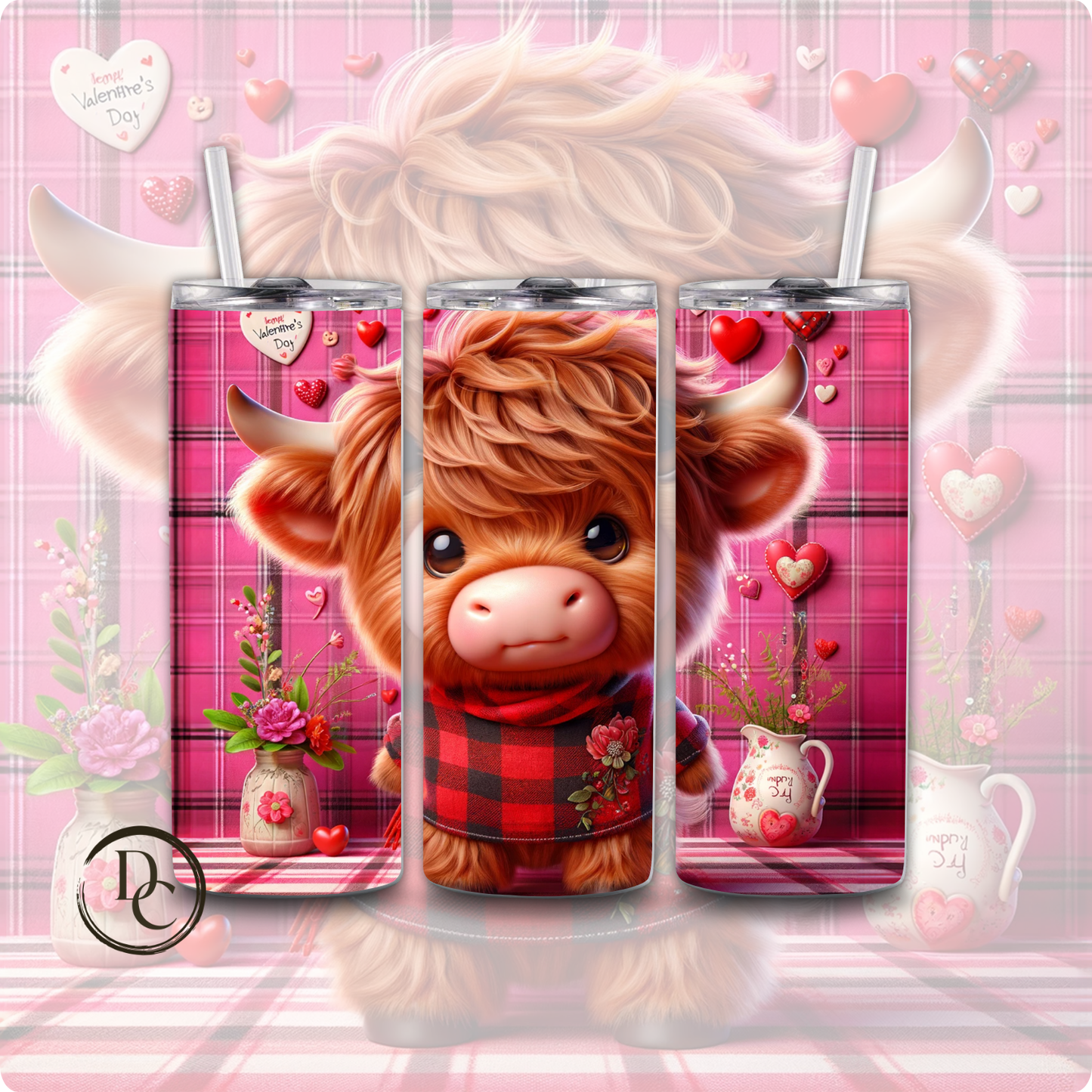 Pink Valentines Highland Cow 20 oz Tumblers Design 9