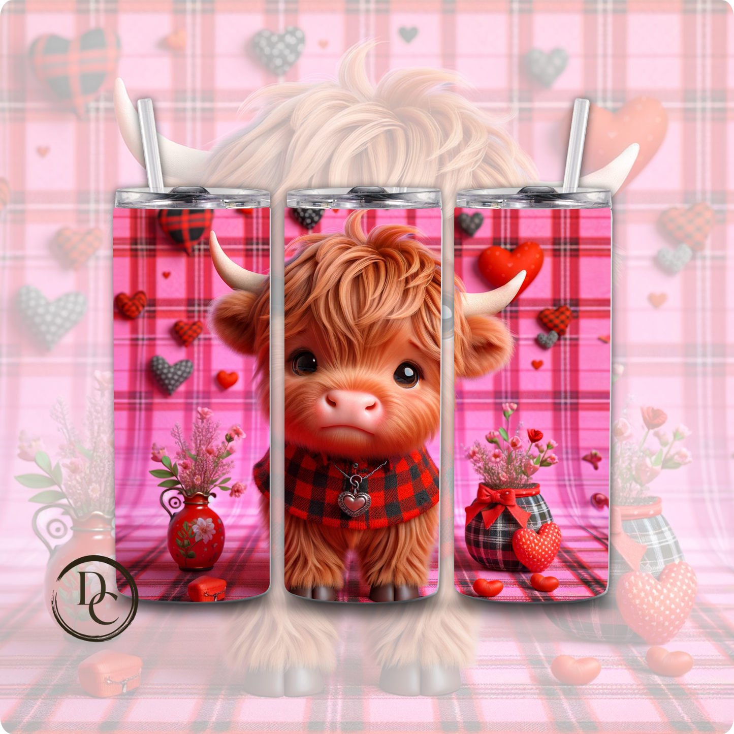 Pink Valentines Highland Cow 20 oz Tumblers Design 17