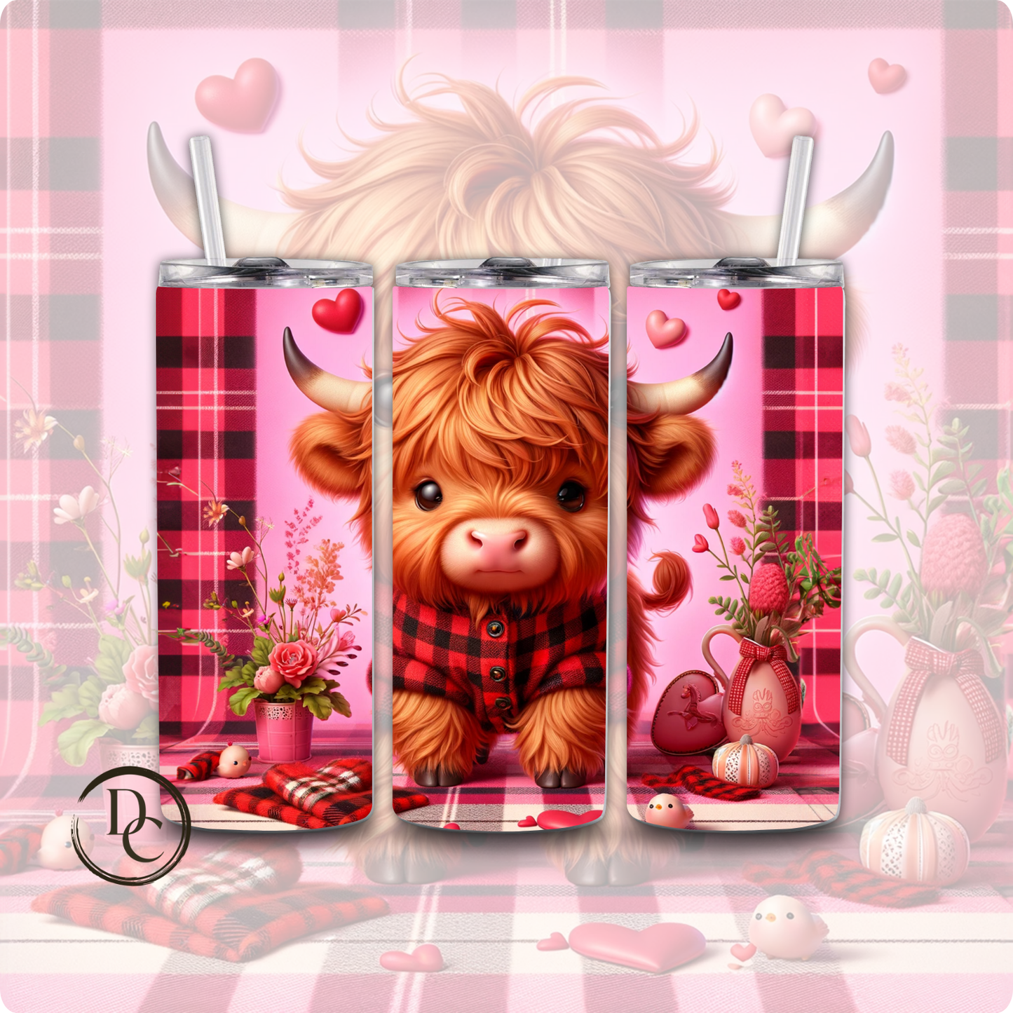 Pink Valentines Highland Cow 20 oz Tumblers Design 17