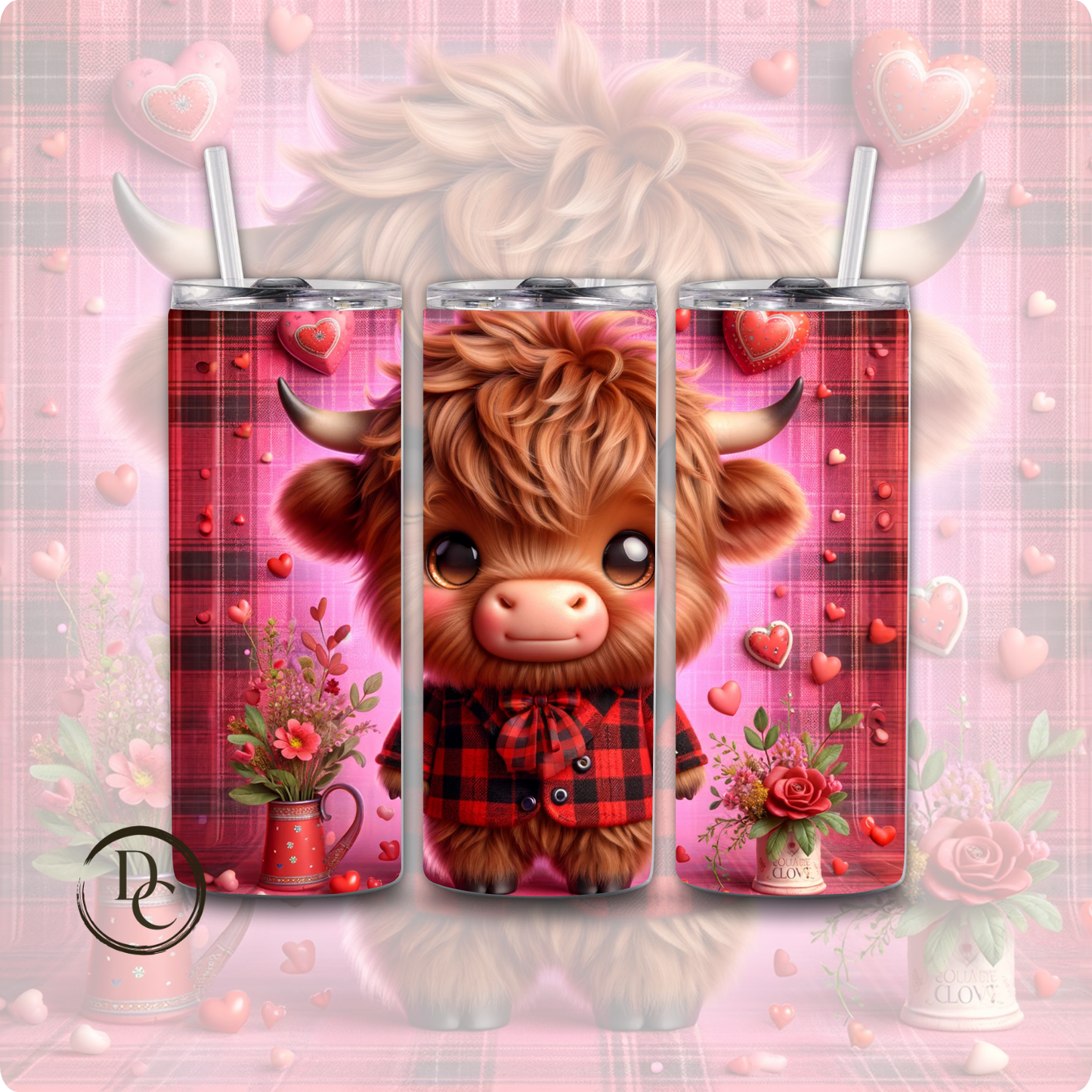 Pink Valentines Highland Cow 20 oz Tumblers Design 17