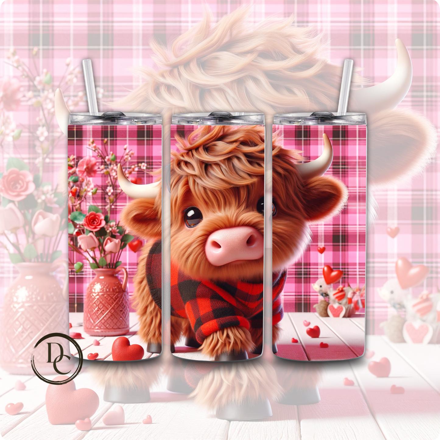 Pink Valentines Highland Cow 20 oz Tumblers Design 17