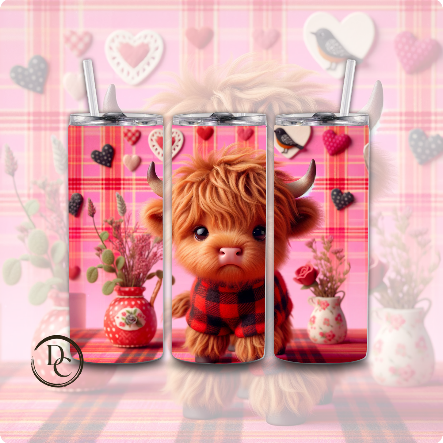 Pink Valentines Highland Cow 20 oz Tumblers Design 17