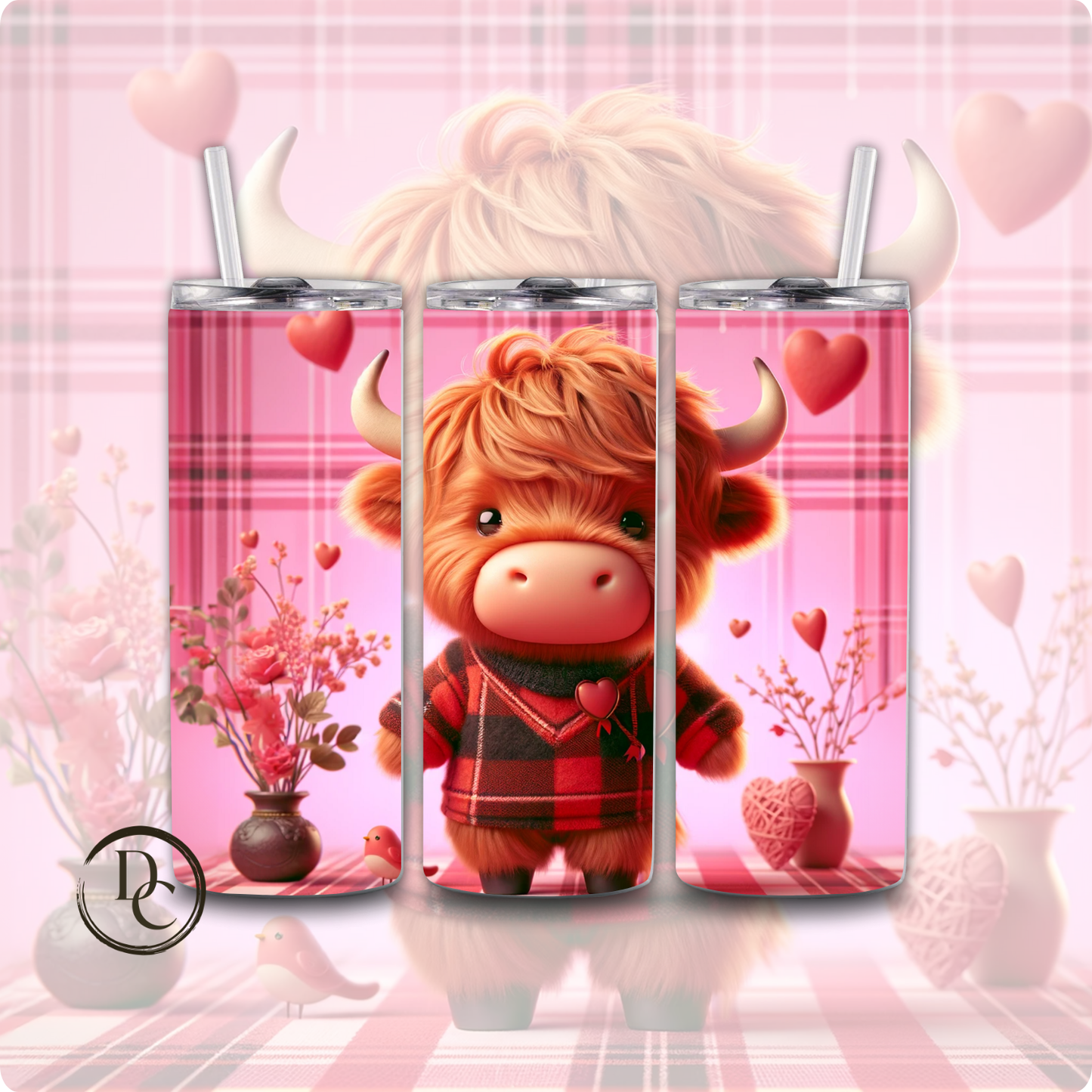 Pink Valentines Highland Cow 20 oz Tumblers Design 17