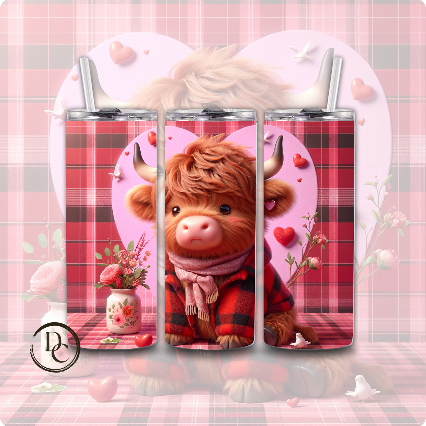 Pink Valentines Highland Cow 20 oz Tumblers Design 9