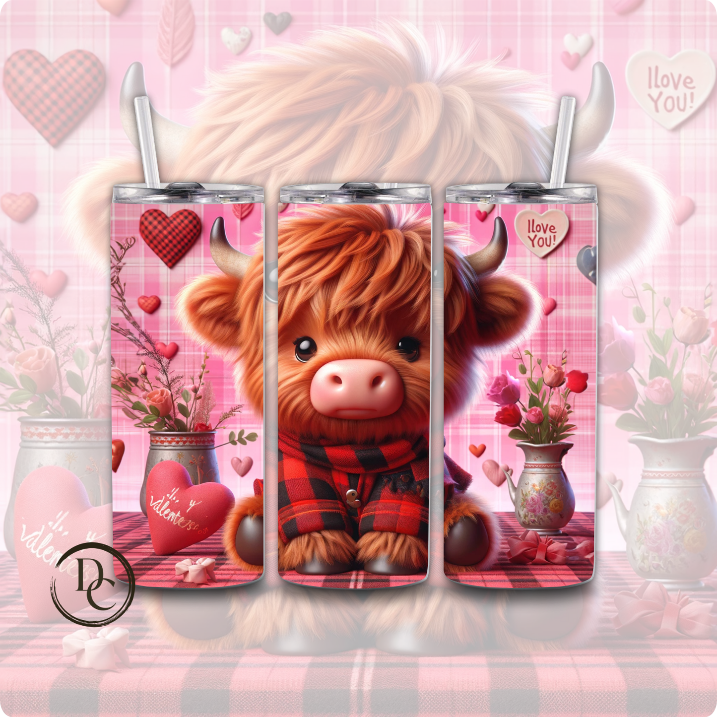 Pink Valentines Highland Cow 20 oz Tumblers Design 9